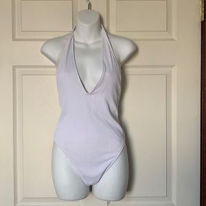 Aerie White Ribbed V Neck Deep Plunge Low Back Swimsuit